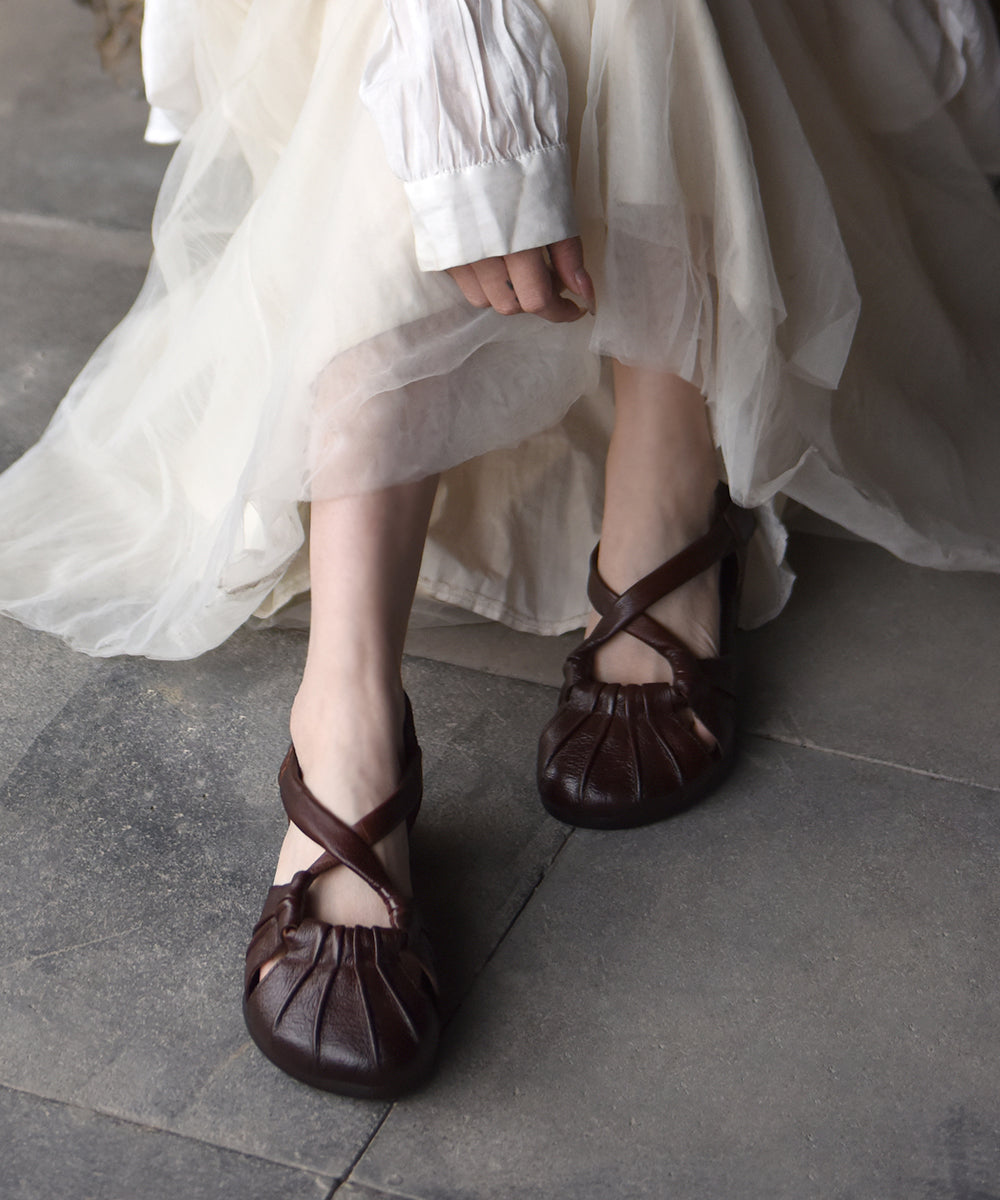 Yellow Cowhide Leather Splicing Hollow Out Walking Sandals