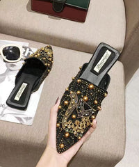 Apricot Zircon Nail Bead Pointed Toe Slide Sandals