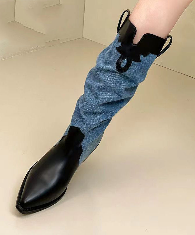Black Long Boots Splicing Chunky Pointed Toe