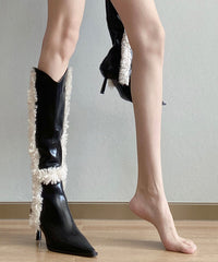 Black Stiletto Faux Leather Teddy Splicing Boots