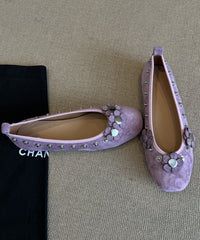 Brown Suede Floral Rivet Splicing Flat Shoes For Women