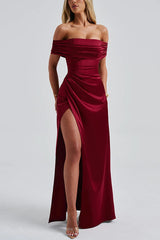 Off-shoulder Fitted High Slit Elegant Maxi Dress