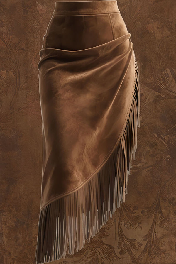 Suede Tassel Irregular Casual Midi Skirt