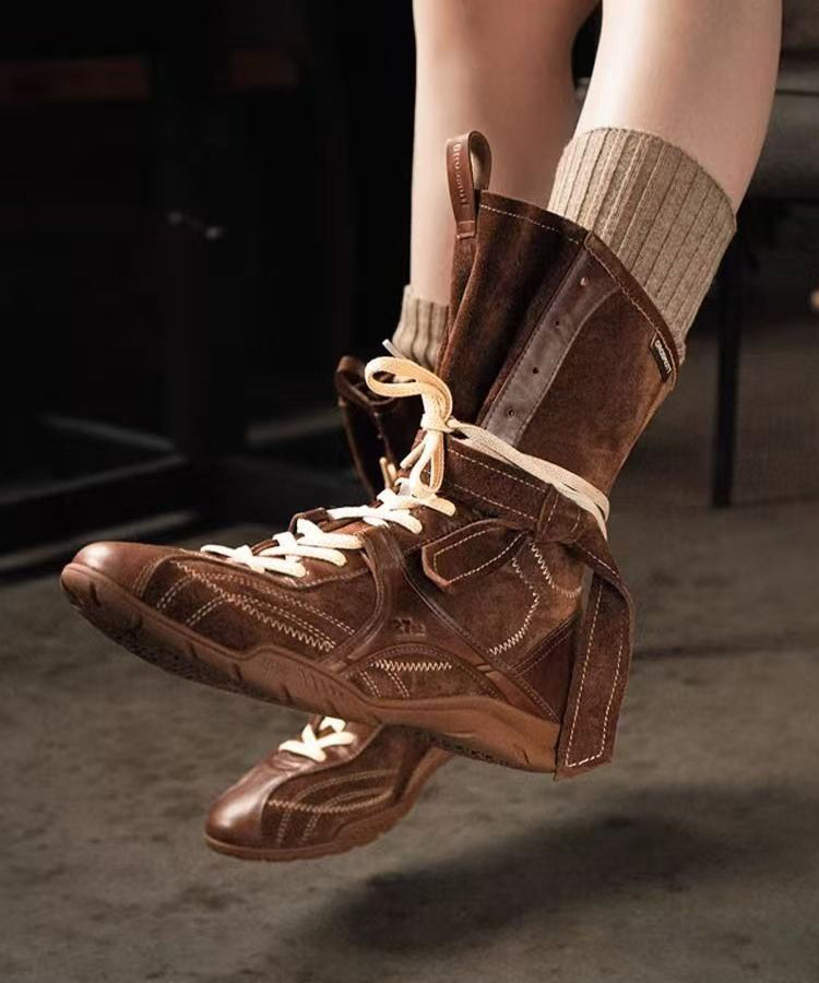 Brown Suede Splicing Lace Up Boots