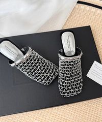 Stylish Hollow Out Splicing Wedge Black Cowhide Leather Slide Sandals