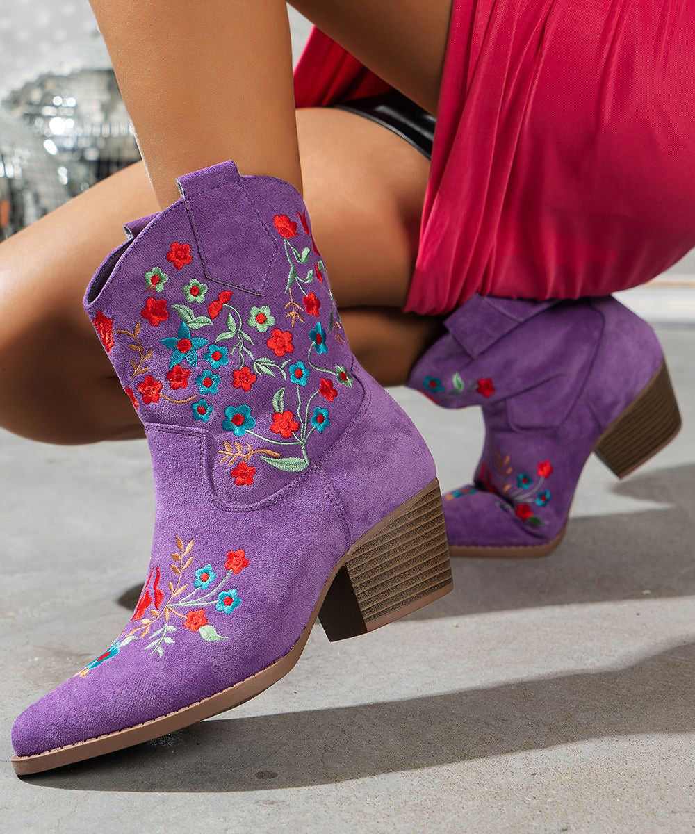 Elegant Purple Pointed Embossed Boots Suede Chunky Ankle Boots