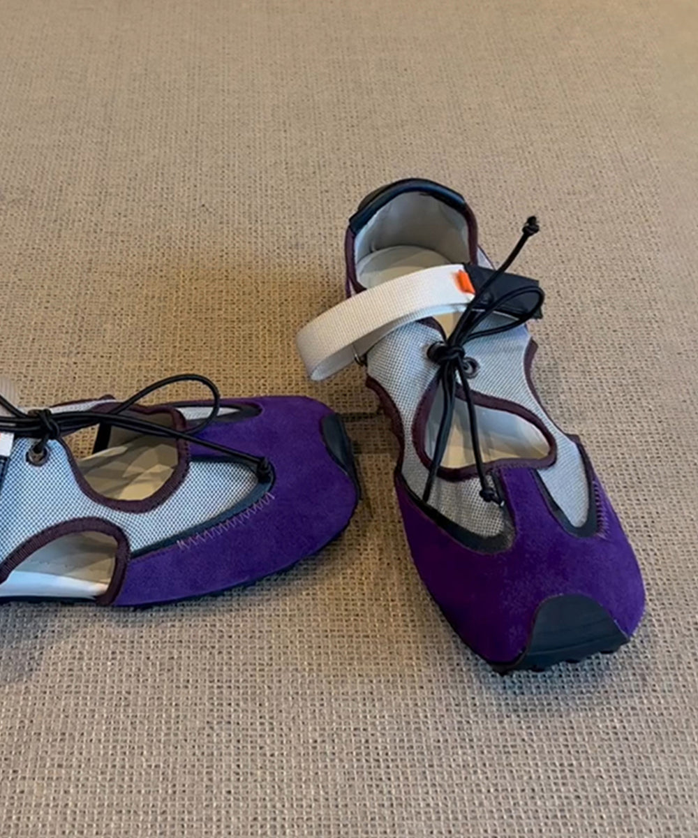 Purple Hollow Out Lace Up Splicing Flat Shoes For Women