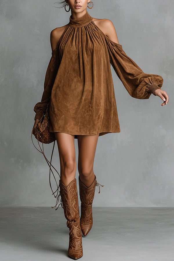 Off-shoulder Lantern-sleeved Suede Loose Mini Dress