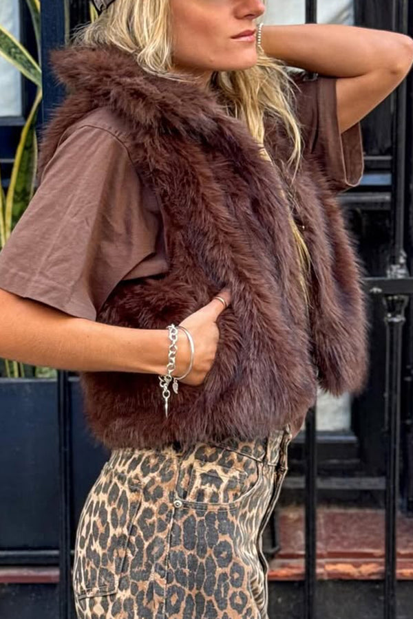 Collared Sleeveless Short Faux Fur Vest