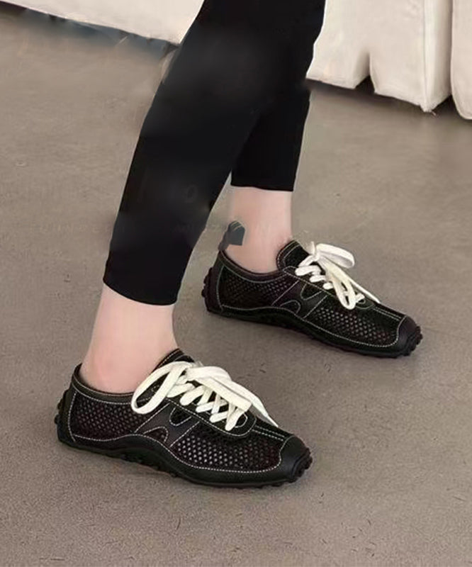 Black Breathable Mesh Splicing Cowhide Leather Flat Shoes