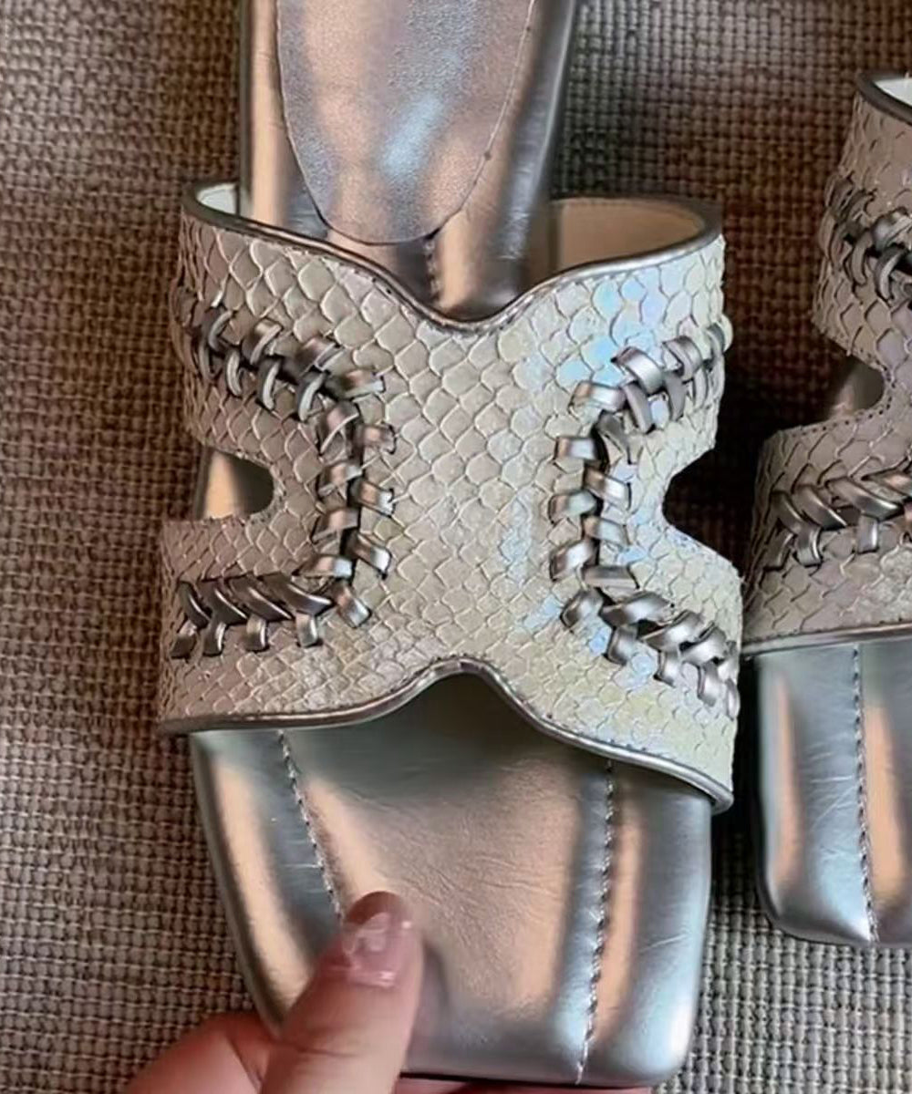 Silver Sheepskin Chic Splicing Slide Sandals Peep Toe