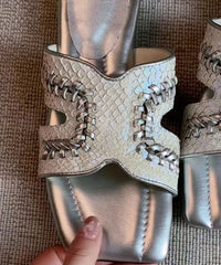 Silver Sheepskin Chic Splicing Slide Sandals Peep Toe