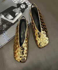 Chic Gold Cowhide Leather Walking Sandals Square Toe
