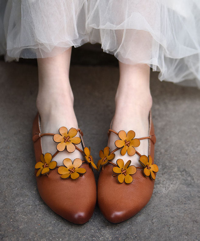 Brown Flat Shoes For Cowhide Leather Splicing Floral Pointed Toe