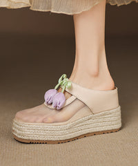 Pink Cowhide Leather Splicing Tulle Wedge Heels Slide Sandals