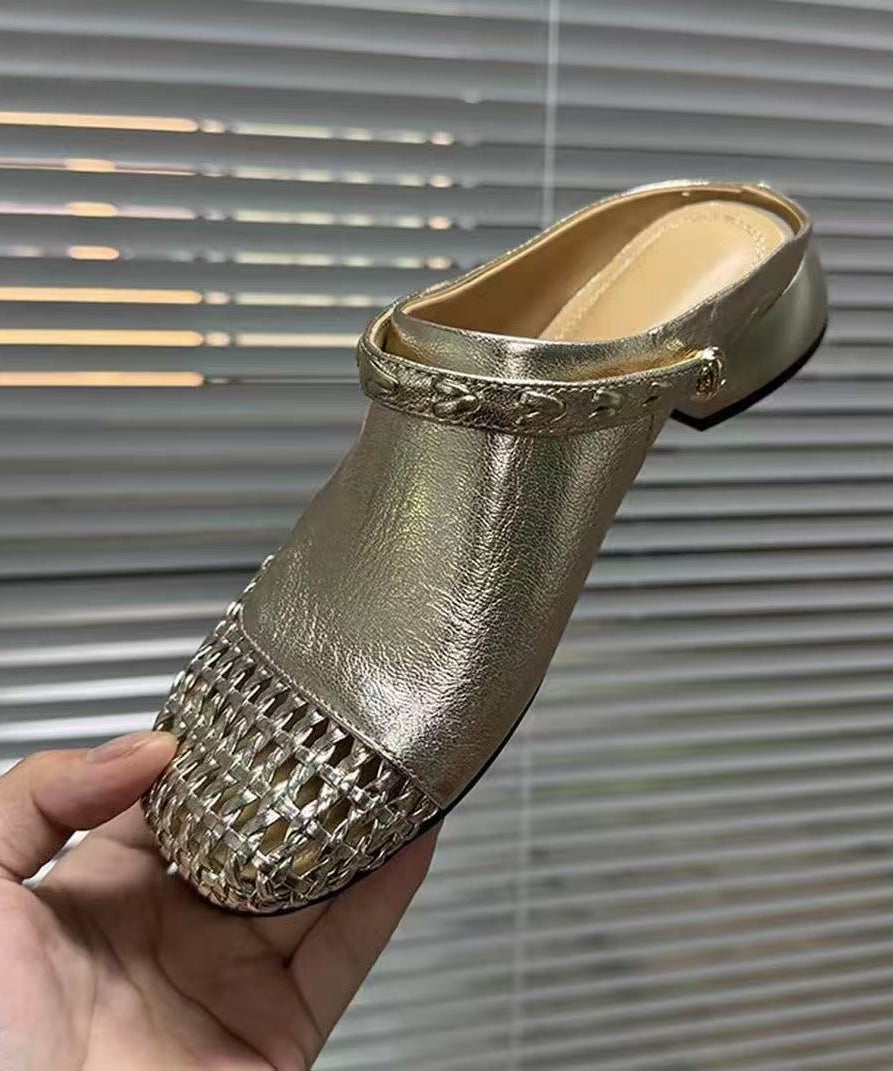 Black Hollow Out Woven Faux Leather Slide Sandals