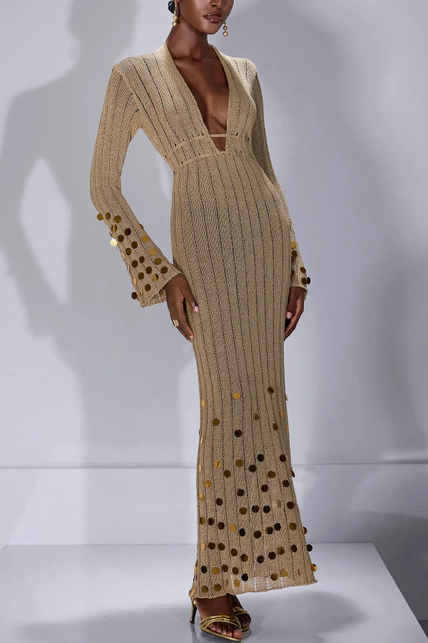 V-neck Flared Long-sleeved Knit Sequined Maxi Dress