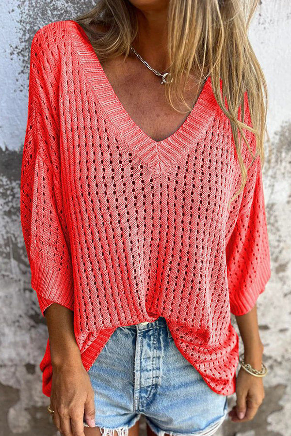 Hollow V-neck Long-sleeved Casual Loose Knitted Top