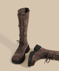 Khaki Chunky Suede Fitted Splicing Lace Up Buckle Strap Boots