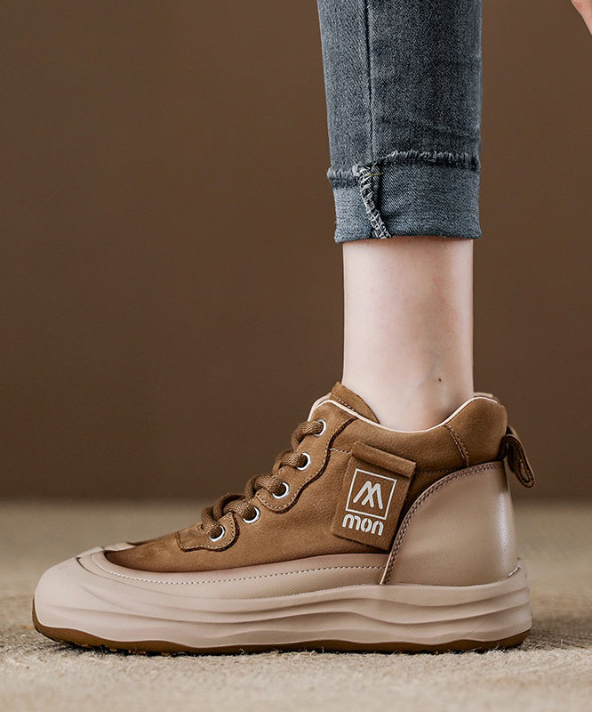 Red Women Platform Cowhide Leather Lace Up Splicing Flat Feet Shoes