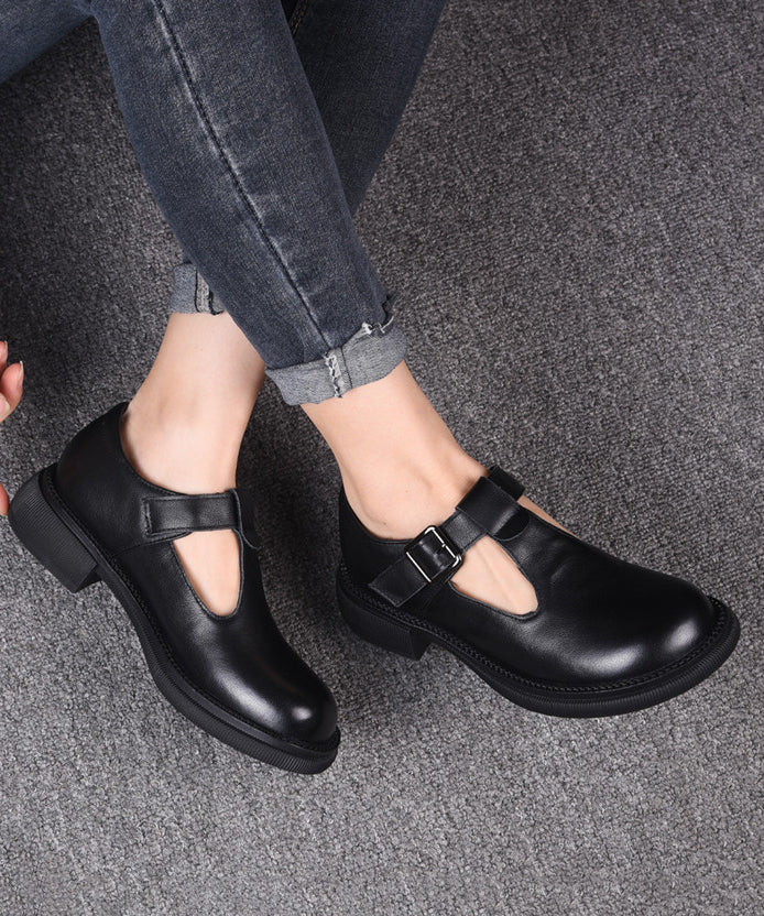 Black Cowhide Leather Simple Splicing Buckle Strap Flats