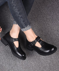 Black Cowhide Leather Simple Splicing Buckle Strap Flats