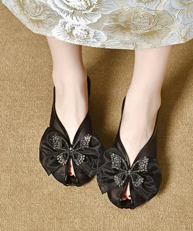 Splicing Chunky Black Tulle Bow Slide Sandals