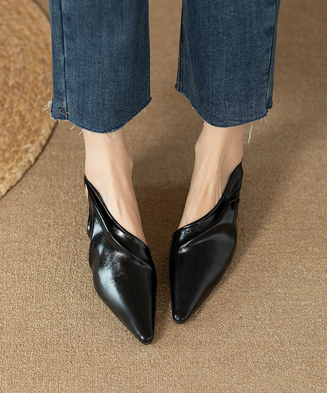 Black Kitten Cowhide Leather Handmade Splicing Sandals Pointed Toe