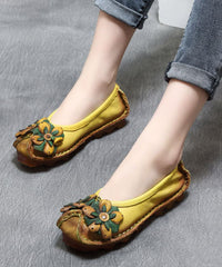 Floral Splicing Flat Shoes Yellow Cowhide Leather