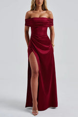 Off-shoulder Fitted High Slit Elegant Maxi Dress