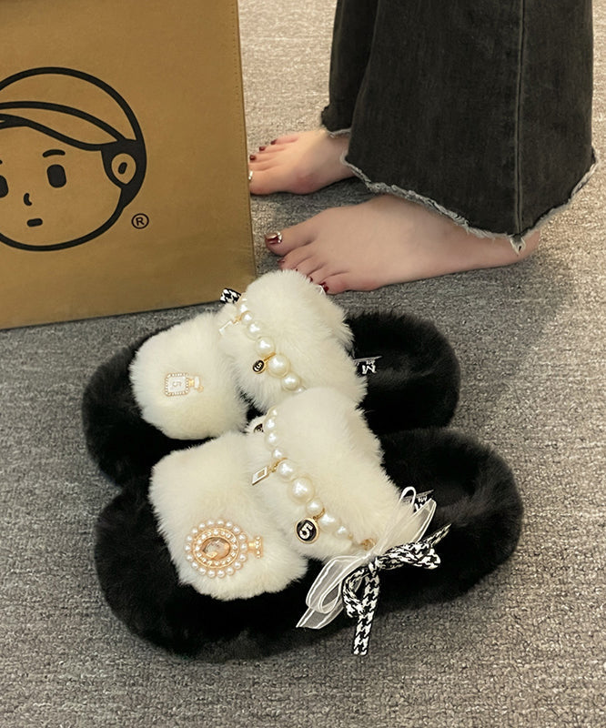 Khaki Nail Bead Bow Platform Teddy Slide Sandals