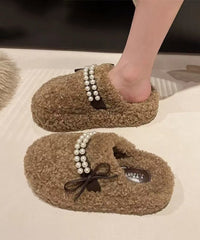 White Faux Fur Slippers Shoes Splicing Nail Bead