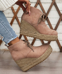 Comfortable Lace Up Wedge Straw Woven Boots Pink Suede