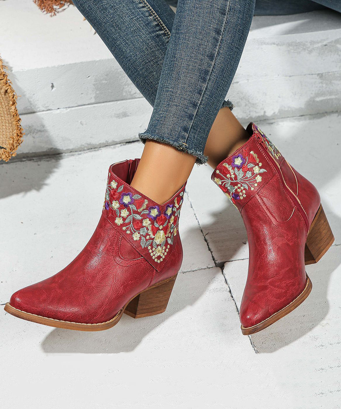 Red Embossed Zippered Faux Leather Chunky Boots