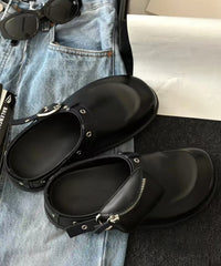 Fashion Splicing Platform Black Cowhide Leather Slide Sandals