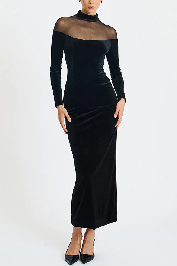Velvet and Mesh Spliced long-sleeved Slim-fit Maxi Dress