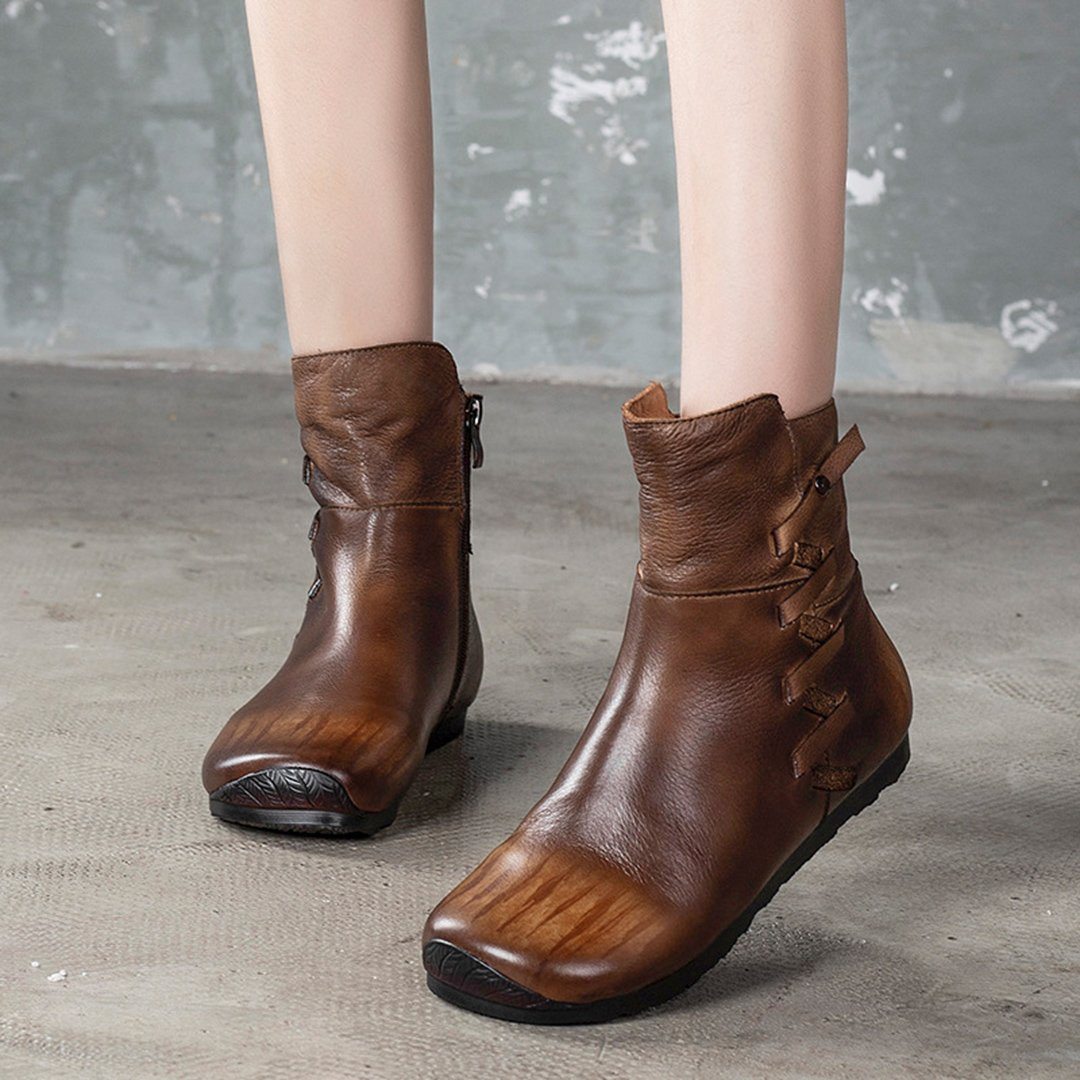 Cozy Side Zippers Casual Leather Flats Martin Boots