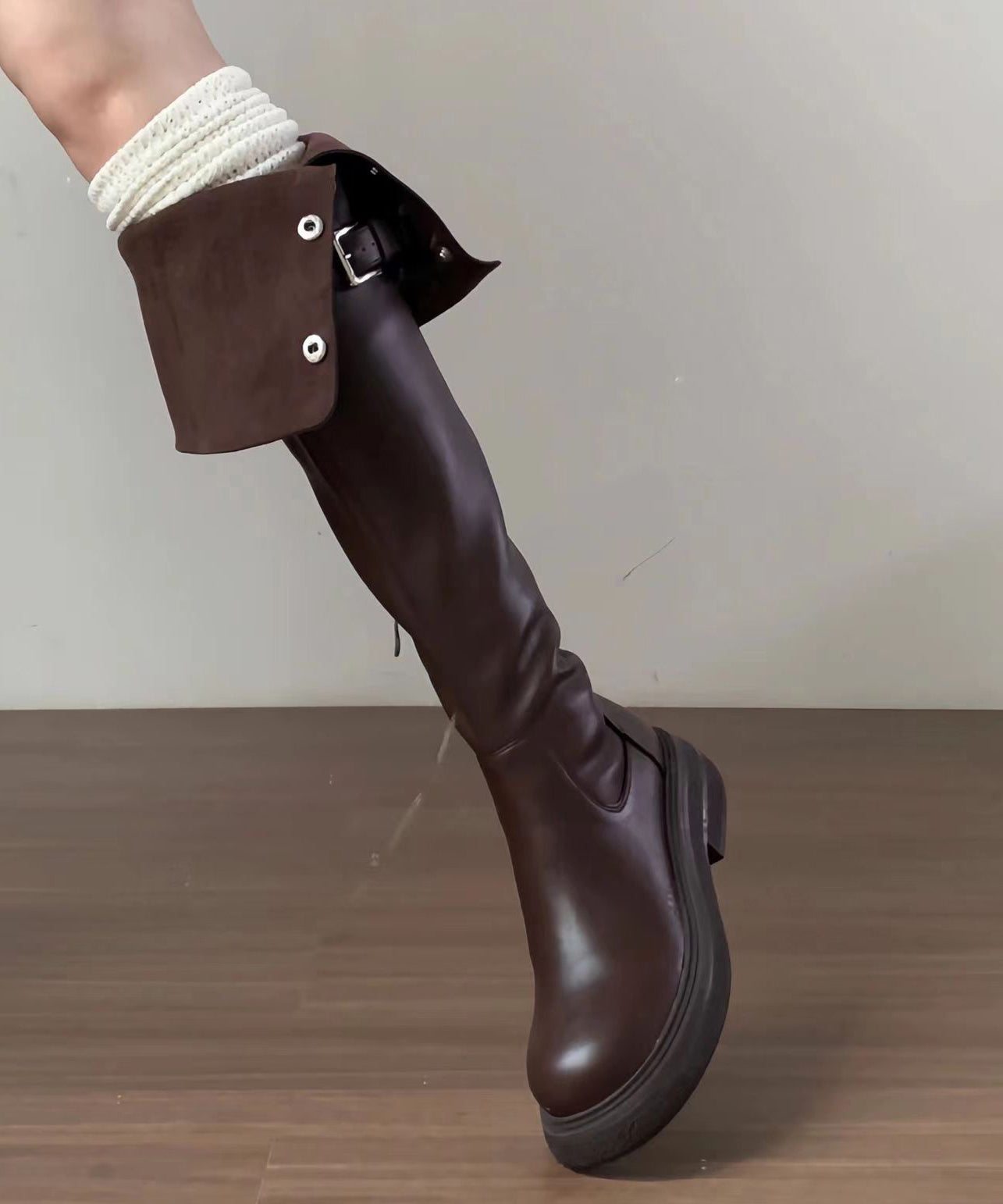 New Versatile Brown Faux Leather Splicing Knee Boots