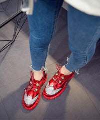 Red Faux Leather Zircon Lace Up Splicing Flat Feet Shoes