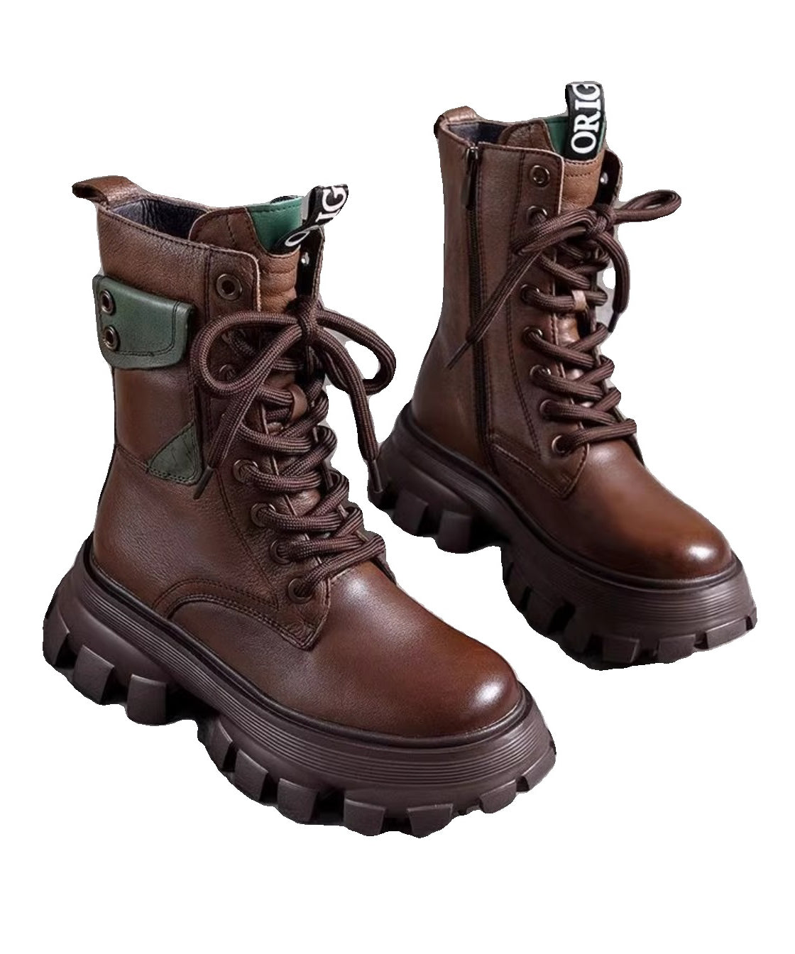 Splicing Platform Boots Black Cowhide Leather Lace Up