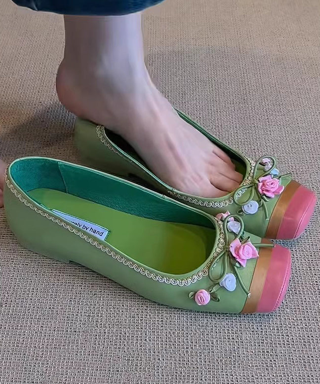 Pink Floral Embroidered Splicing French Flat Shoes For Women