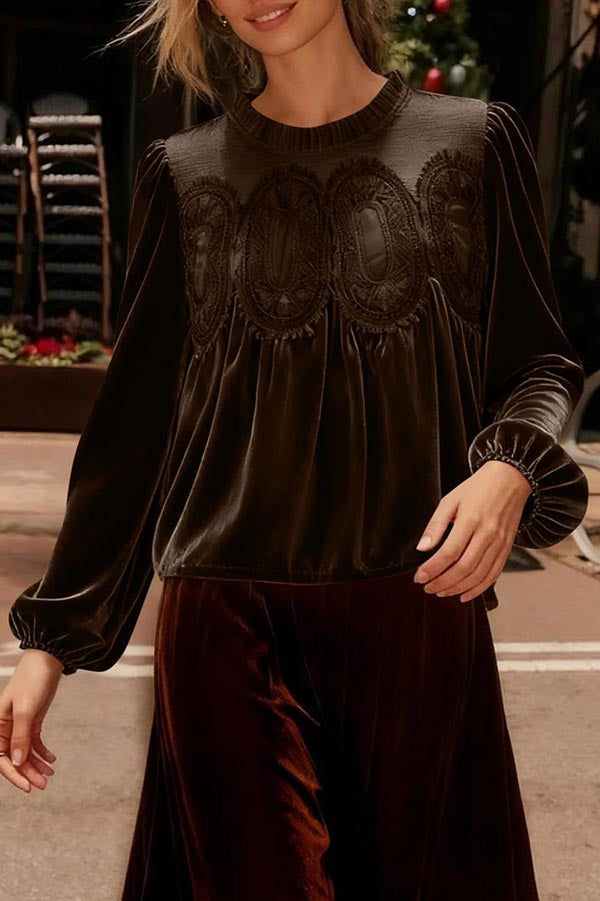 Velvet and Lace Patchwork Loose Long-sleeved Top