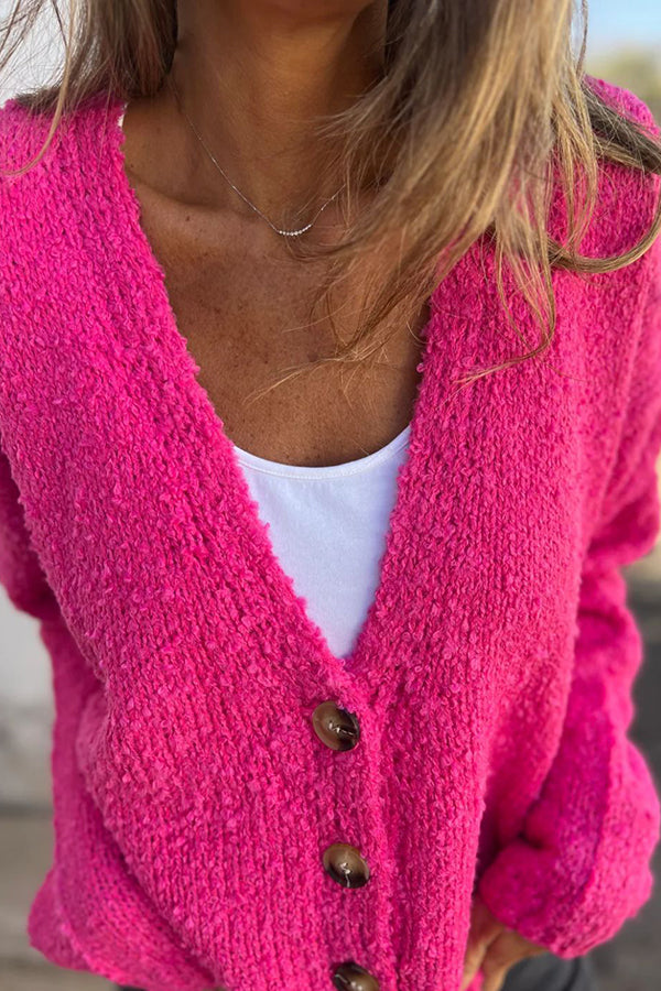 Solid Color V-neck Long-sleeved Knitted Cardigan