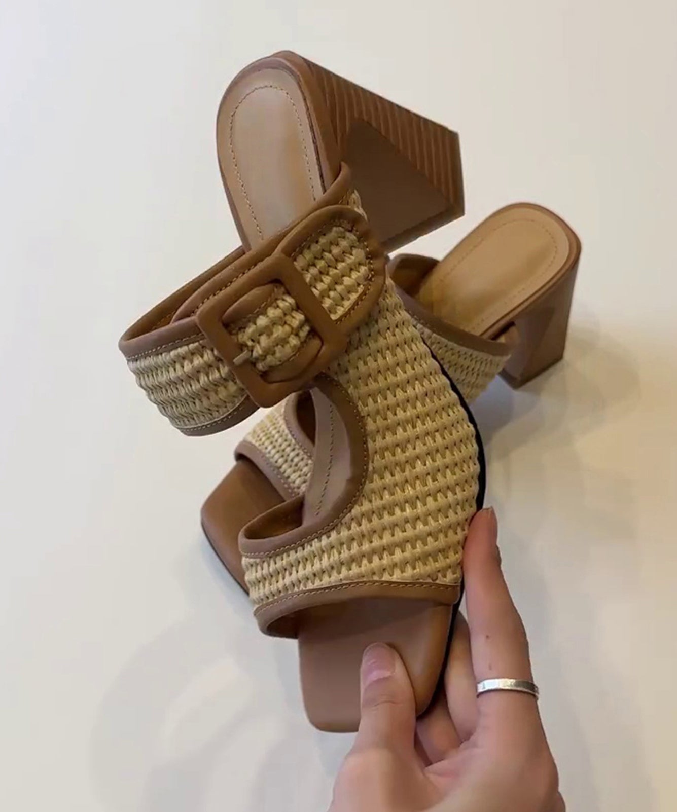 Chic Splicing Chunky Heel Brown Faux Leather Slide Sandals