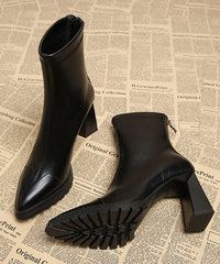 Handmade Splicing Chunky Heels Boots Brown Cowhide Leather