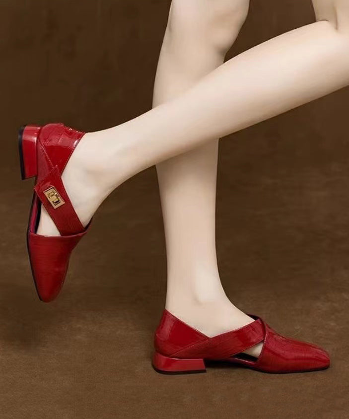 Wine Red Cowhide Leather Splicing Sandals Hollow Out