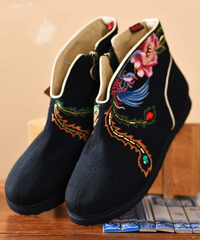 Black Embroideried Boots Cotton Fabric Zippered Ankle Boots
