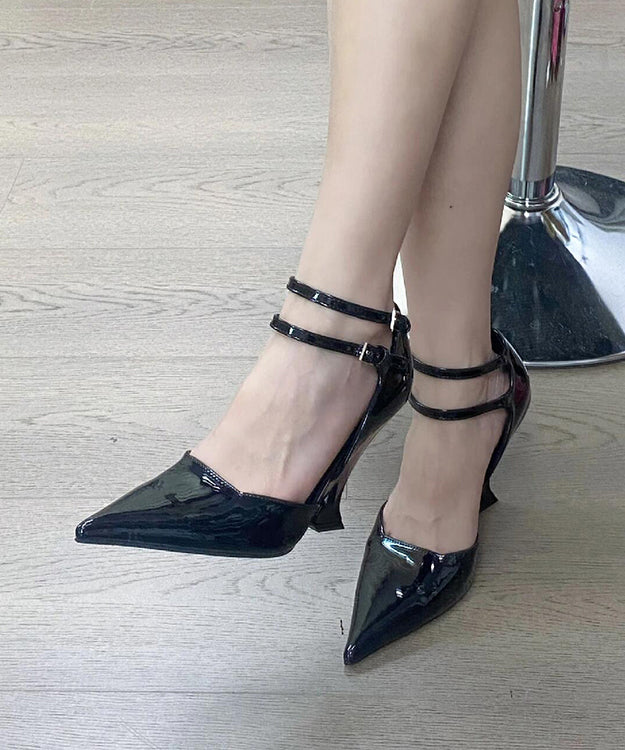 Black Splicing Buckle Strap Wedge Sandals Pointed Toe