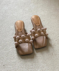 Apricot Fuzzy Ball DDecorated Splicing Wedge Slide Sandals Peep Toe