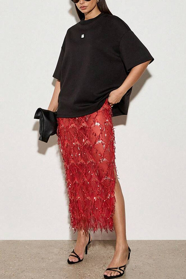 See-through Sequined Tassel Midi Skirt